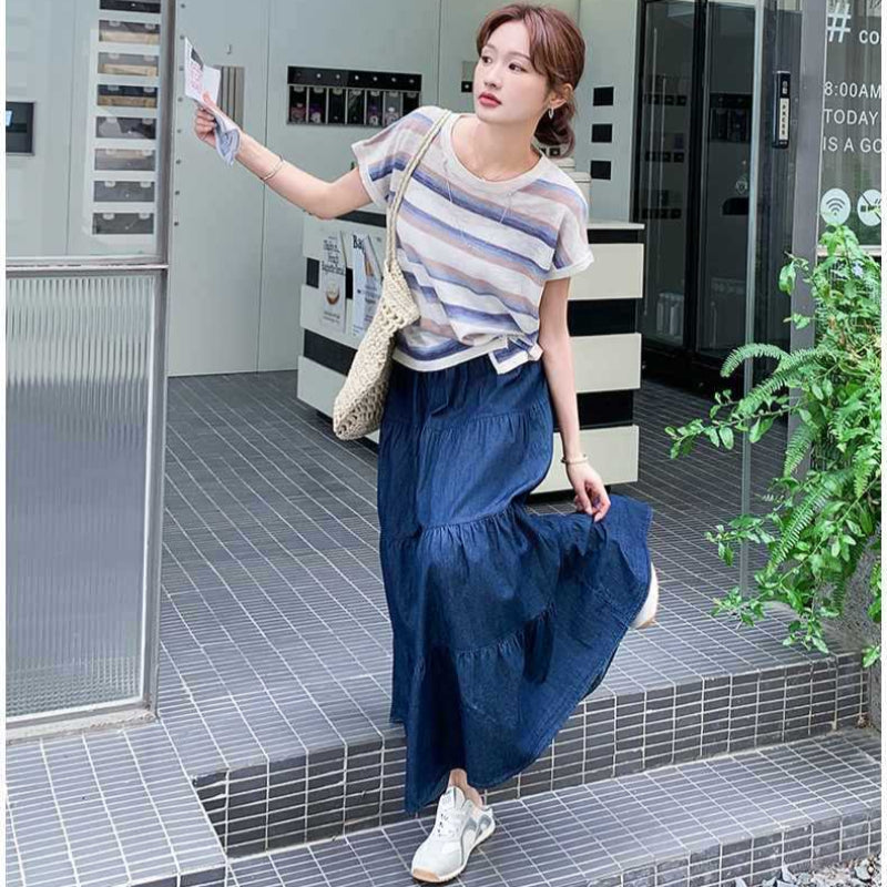 ボーダーTシャツ×デニムスカートセットアップ