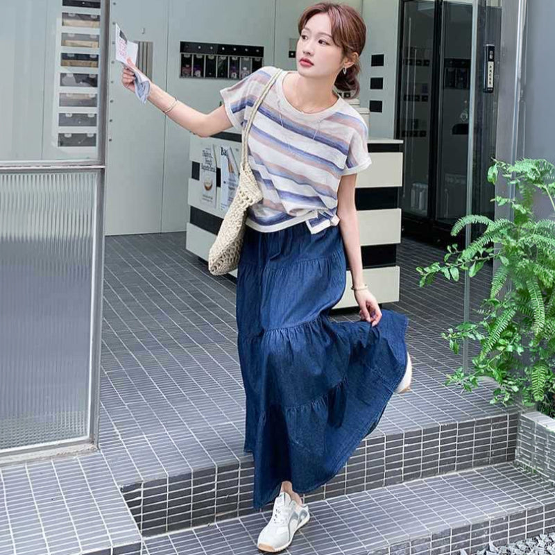 ボーダーTシャツ×デニムスカートセットアップ