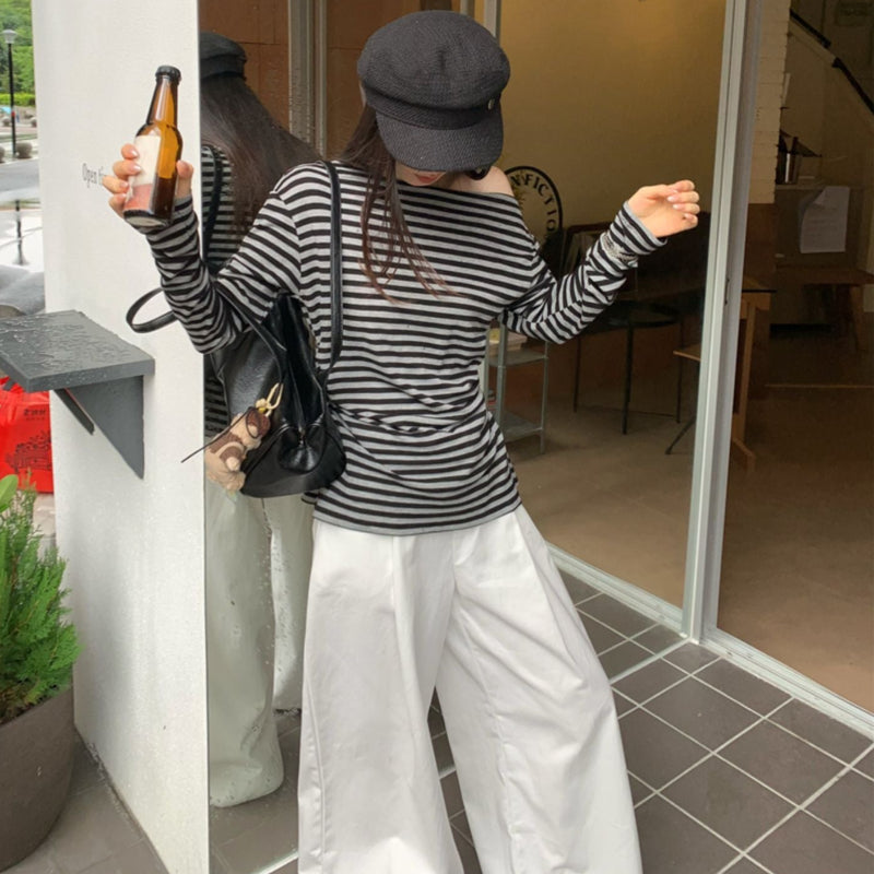 オフショルダーボーダーロングTシャツ