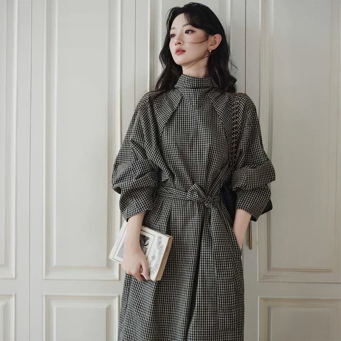 ウエストリボンチェックワンピース