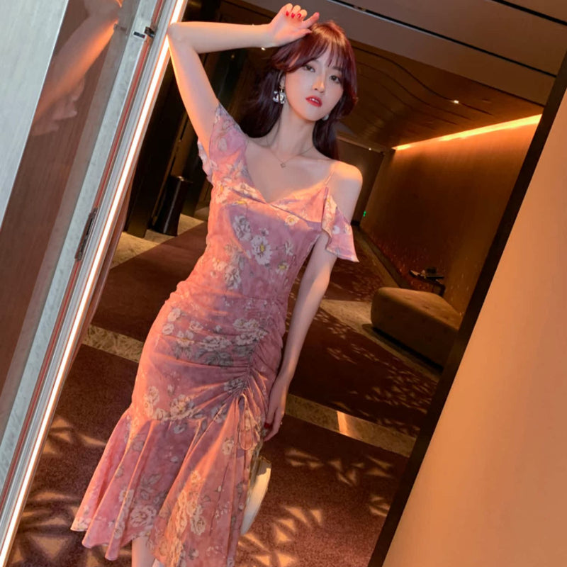 シフォンフラワープリントドレス