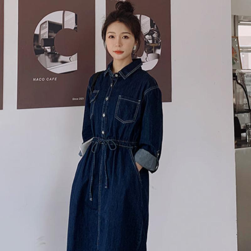 ストライプスカーフ付きデニムワンピース