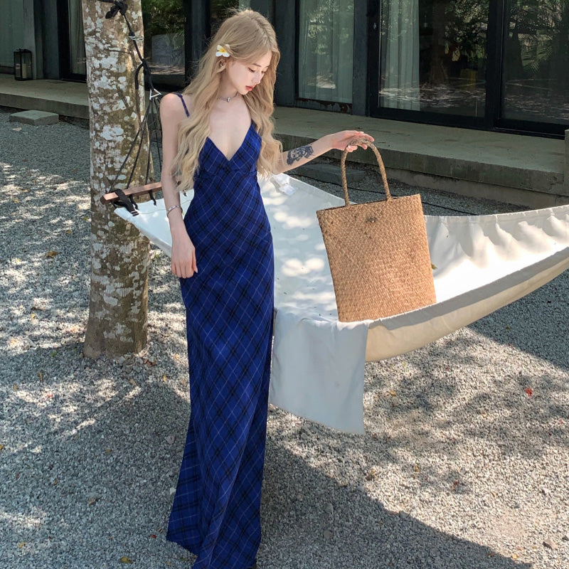 ブルーチェック Vネック バックレスキャミワンピース