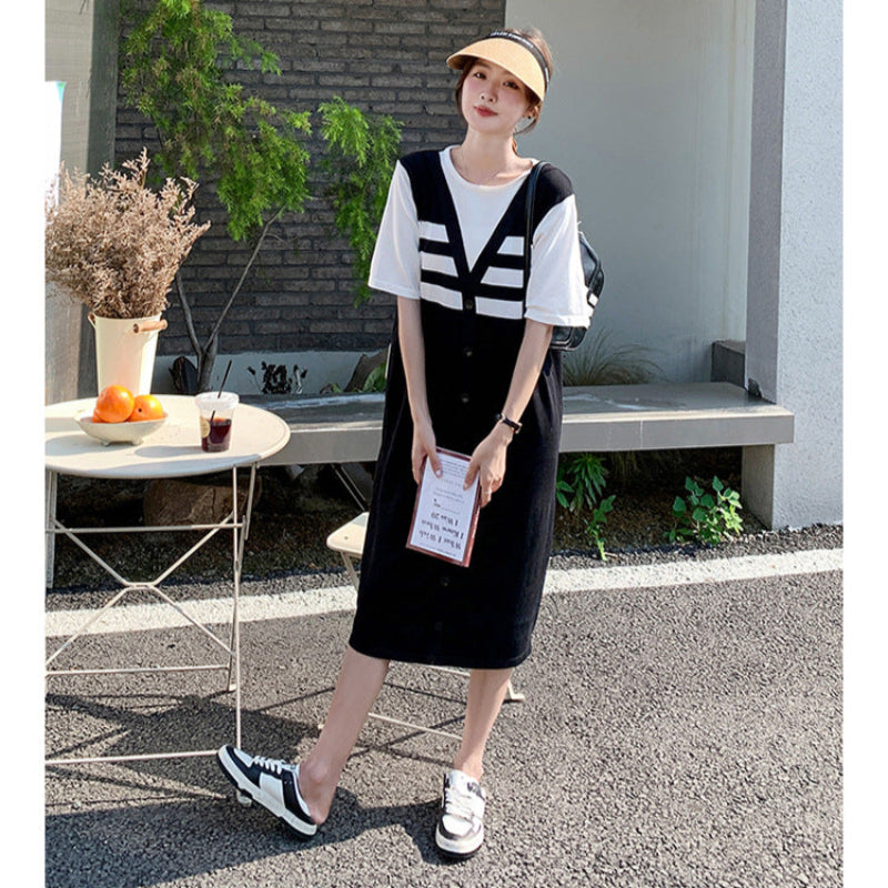 配色ボーダードッキングワンピース