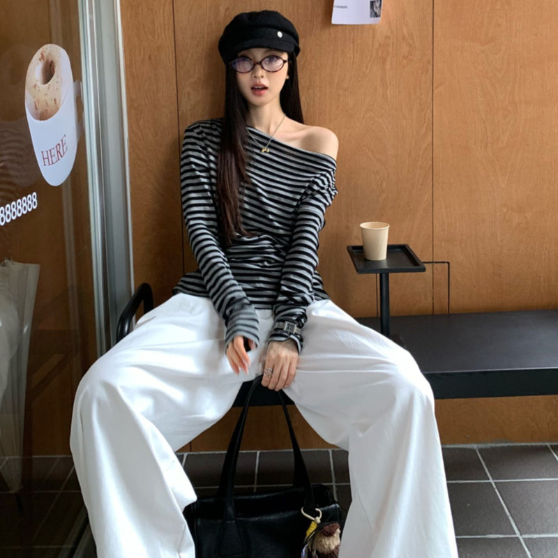 オフショルダーボーダーロングTシャツ