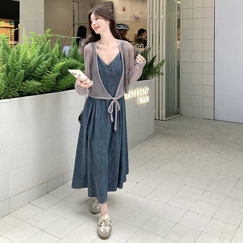 メッシュボレロカーディガン×デニムフレアワンピース
