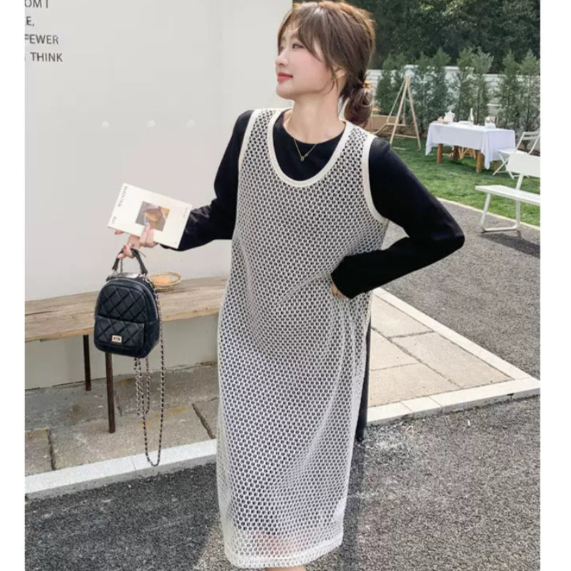 メッシュニット×ブラックワンピースコーデセット