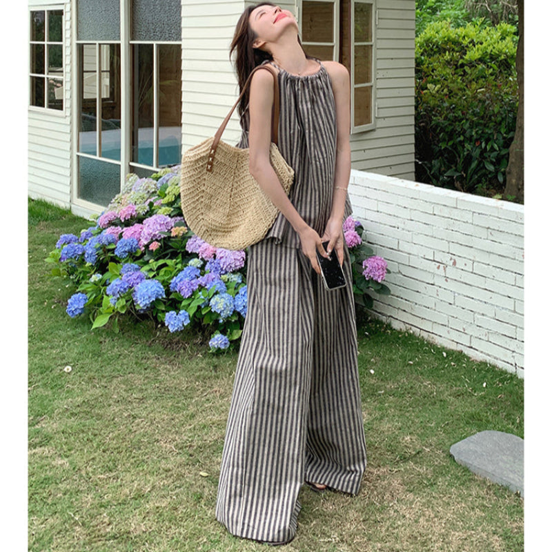 ストライプホルターネックトップス×パンツセット