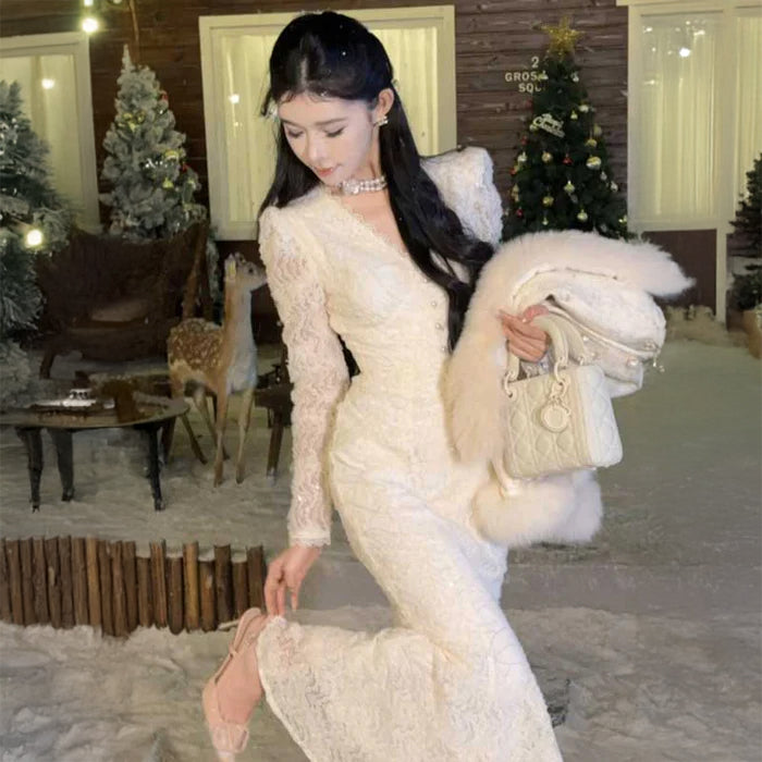 Vネックマーメイドレースワンピース