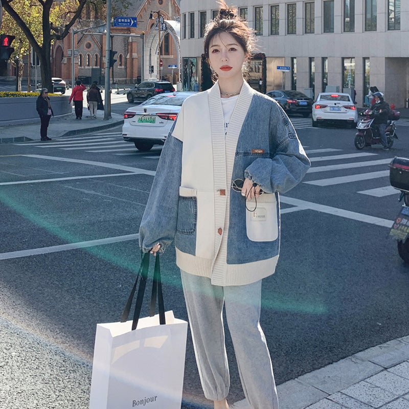 異素材MIXデザインニット×デニムジャケット