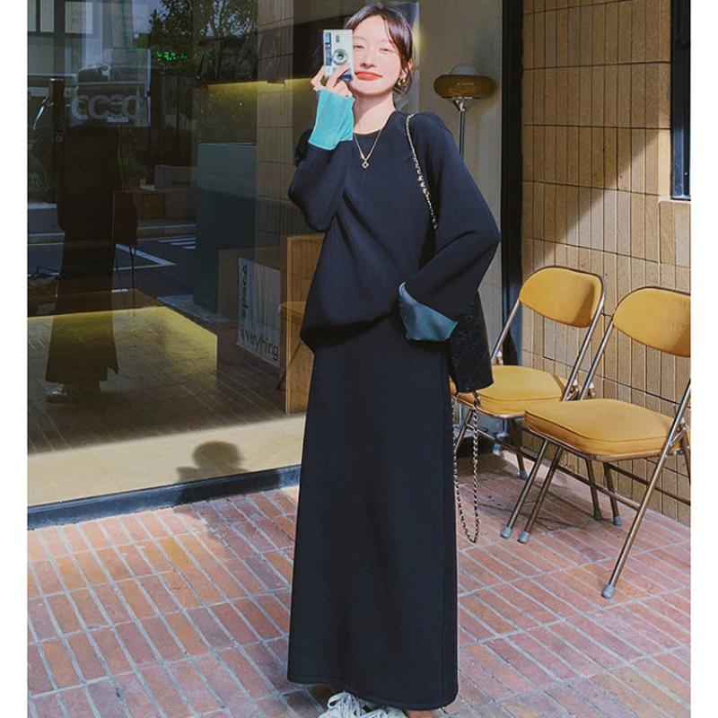 スウェットバイカラートップス×スカートセット