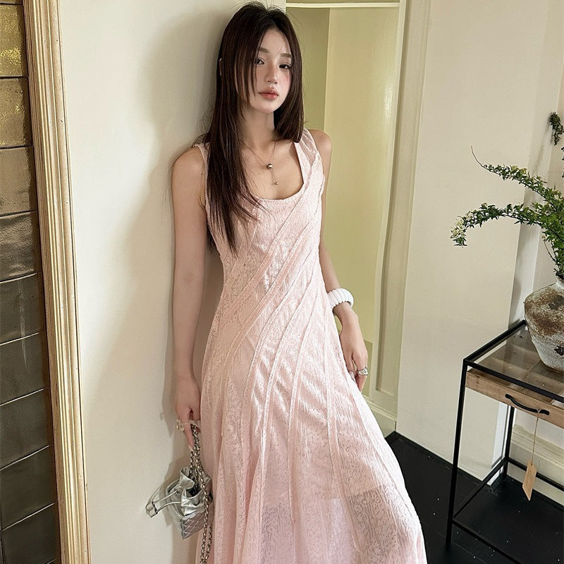 パウダーピンクレースロングワンピース