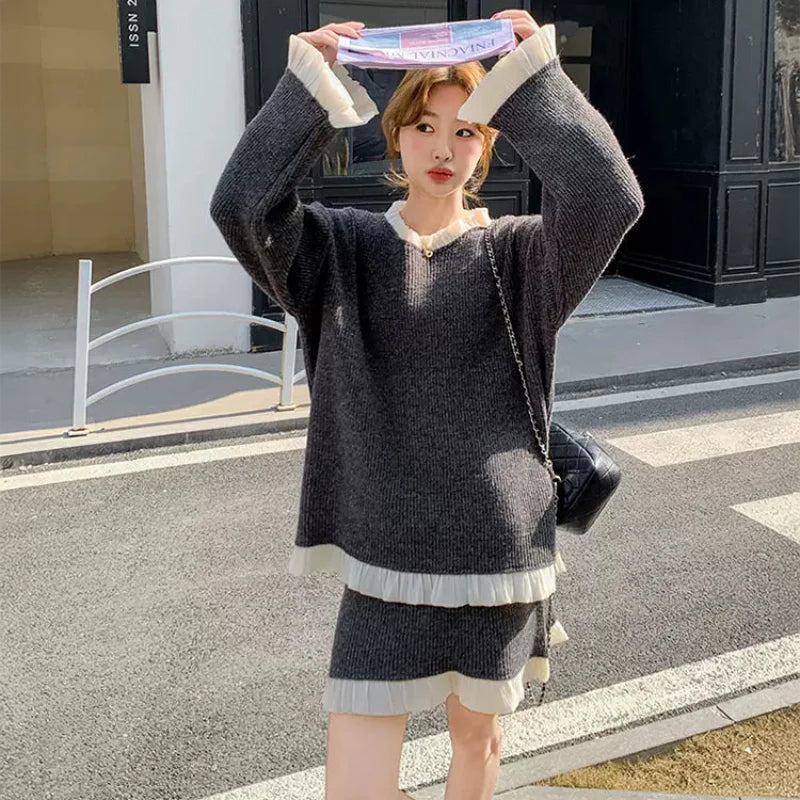 レースデザインニットトップス×ミニスカート(2colors)