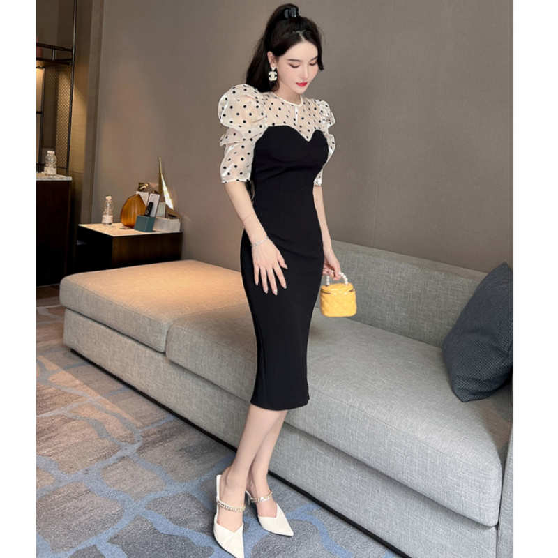 シャイニーポルカドットブラウスコンビビスチェワンピース