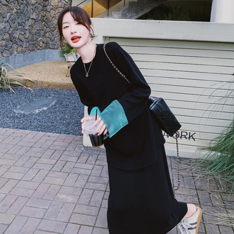 スウェットバイカラートップス×スカートセット