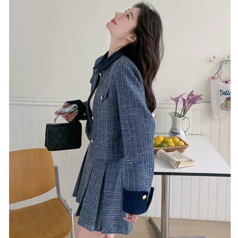 レトロブルージャケット×プリーツミニスカートセット