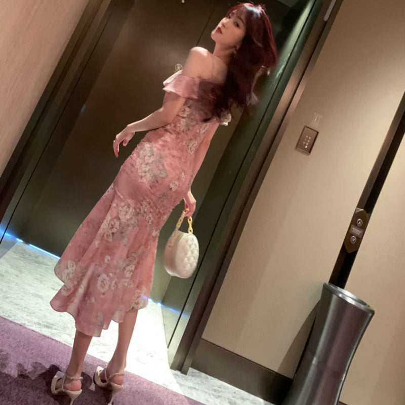 シフォンフラワープリントドレス