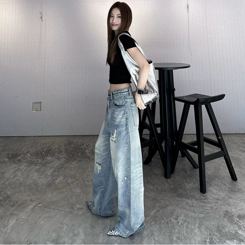 ダメージデニムストレートパンツ