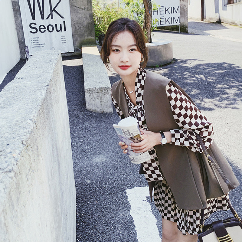 チェック柄ワンピース×ベストセット