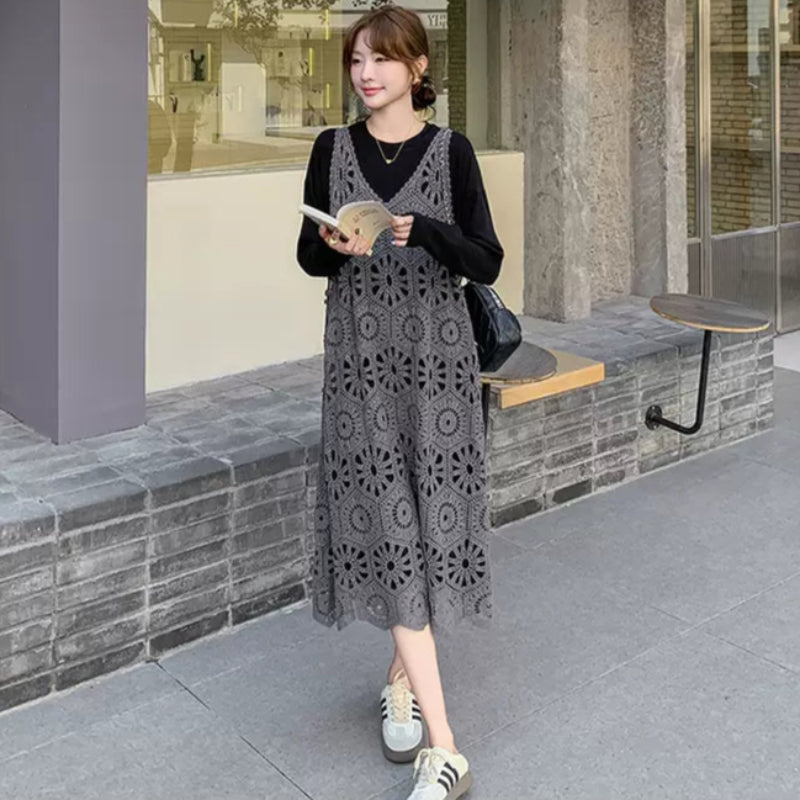 レースニット×カットソーワンピースセット(灰・黒) 春/秋 エレガントな  