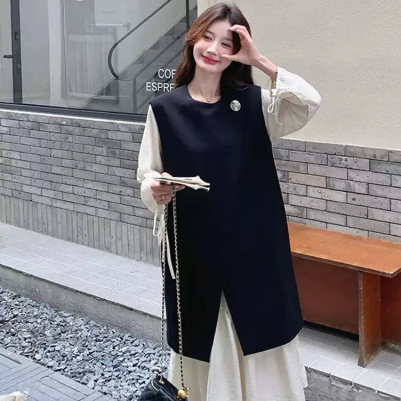 ロングベスト×ワンピースレイヤードセット