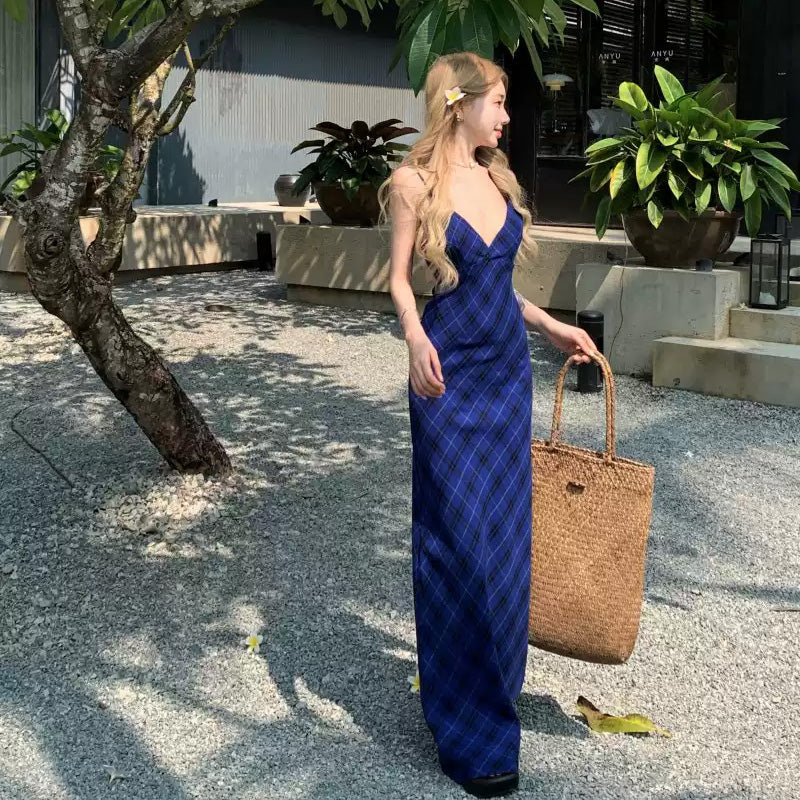 ブルーチェック Vネック バックレスキャミワンピース