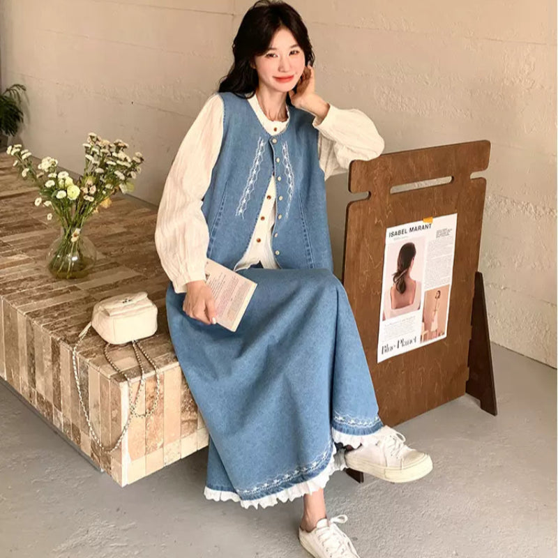 ホワイトブラウス×デニムベスト×スカートスリーピースセット
