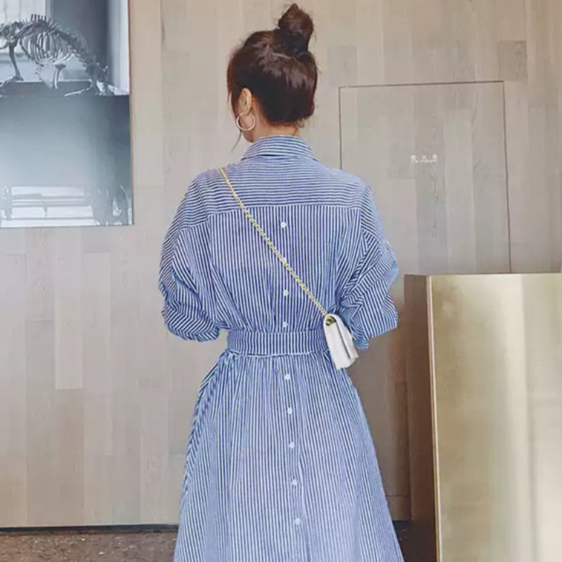 【即納】ブルーストライプシャツワンピース