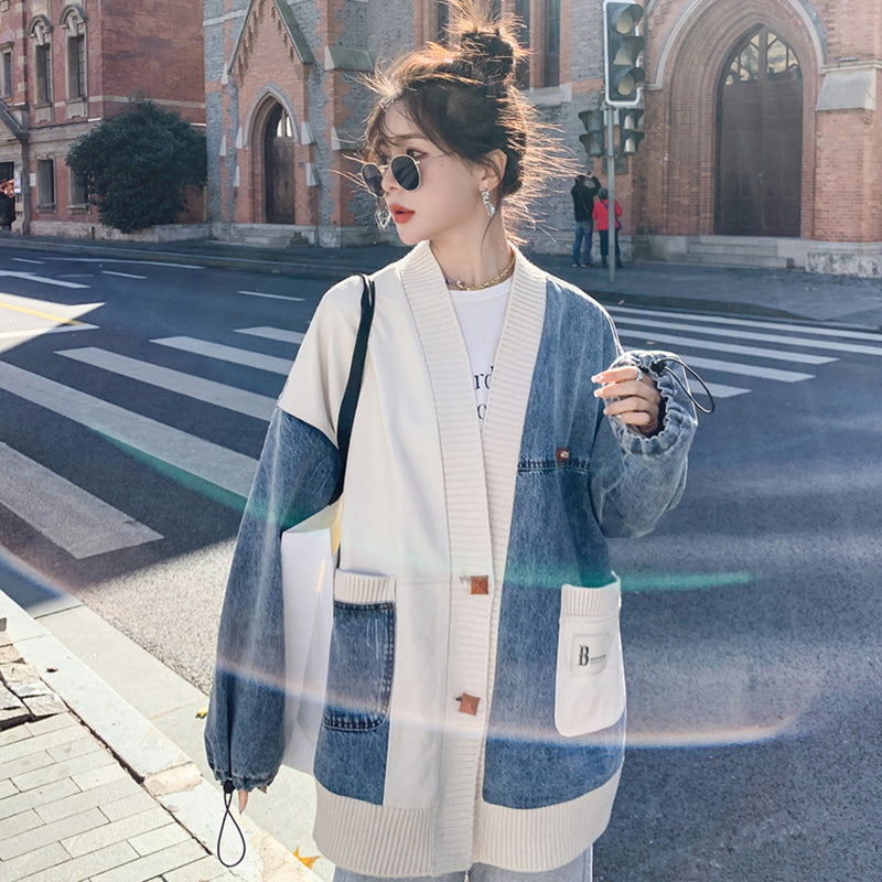 異素材MIXデザインニット×デニムジャケット