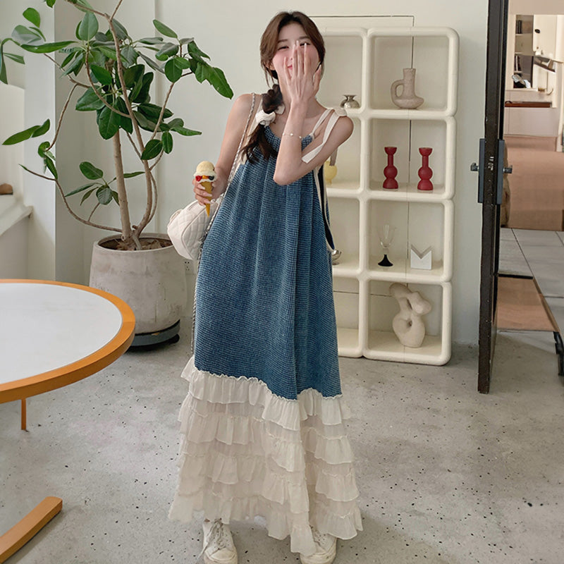 リボンキャミソール切り替えティアードワンピース