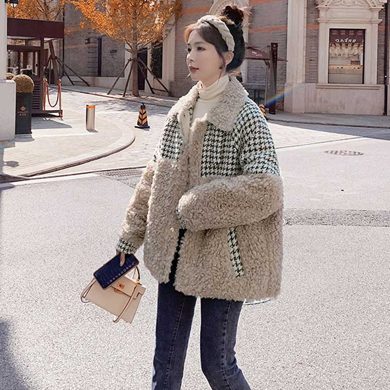 千鳥格子切り替えボアコート