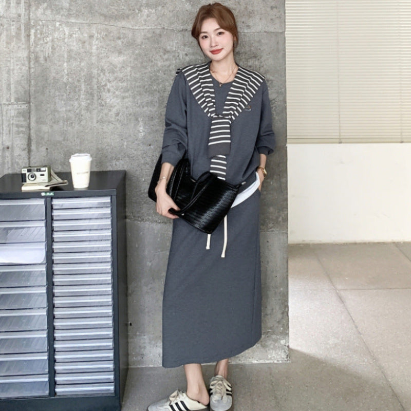 ボーダーショール付きスウェット×スカートセットアップ(2colors)