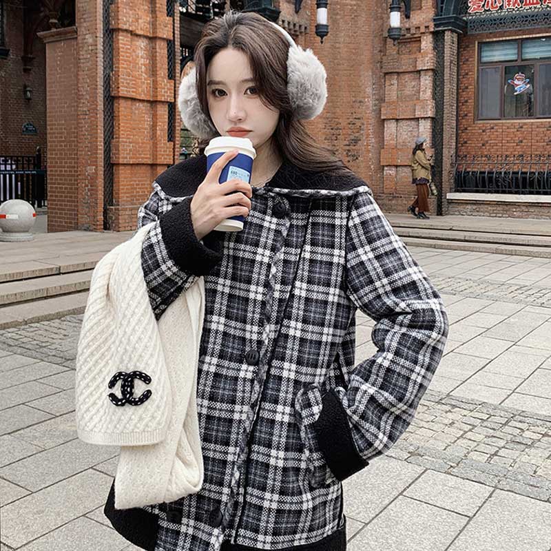 ボア裏ビッグカラーチェックコート