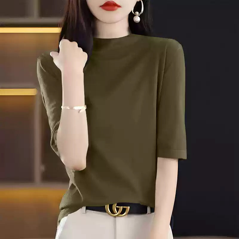 五分袖ボトルネックトップス6colors