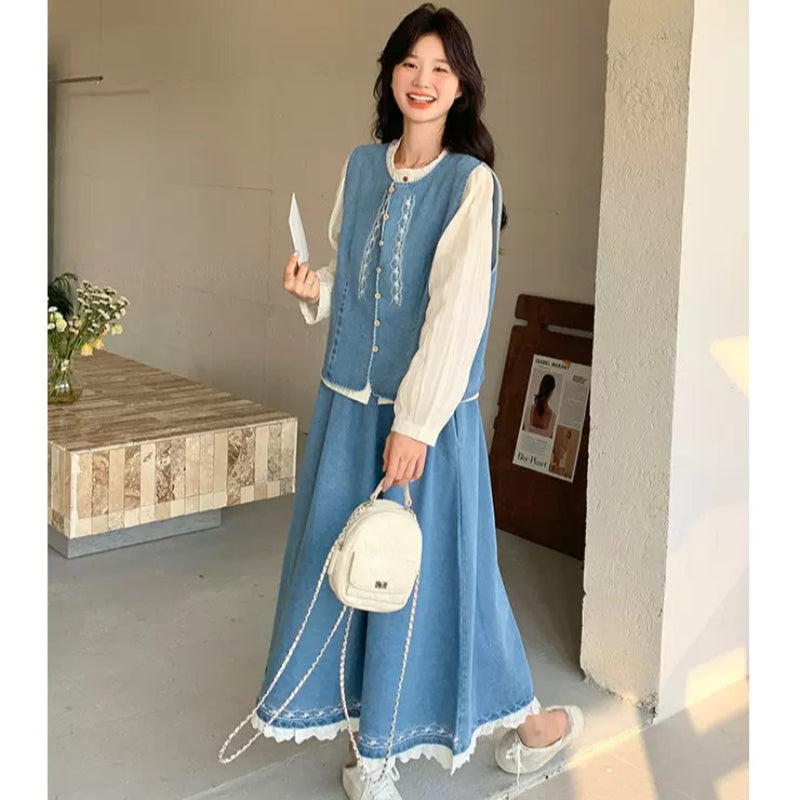 ホワイトブラウス×デニムベスト×スカートスリーピースセット