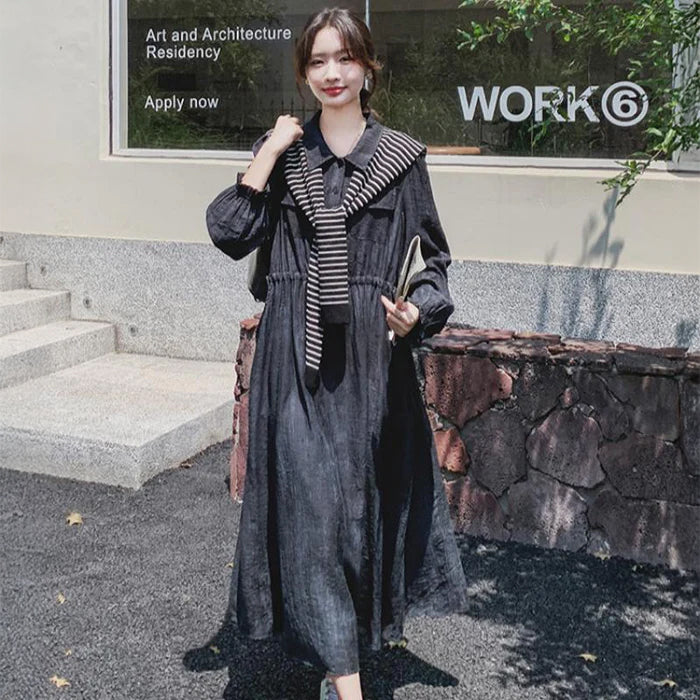 ボーターショール付きブラックデニムワンピース