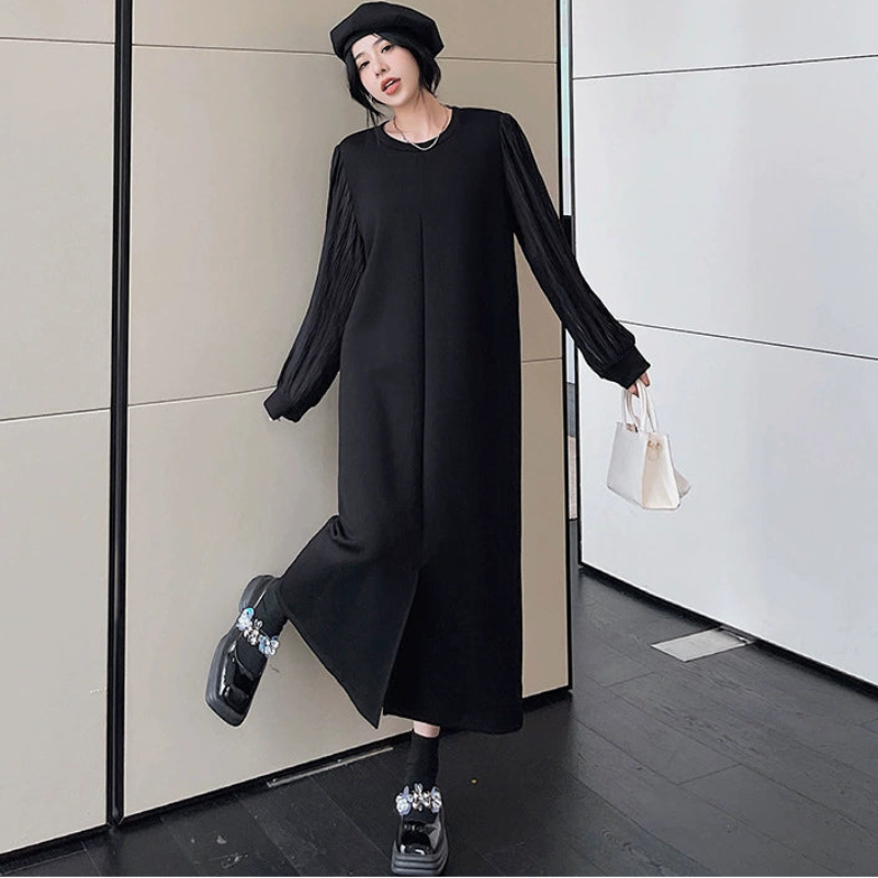 シフォンロングスリーブブラックワンピース
