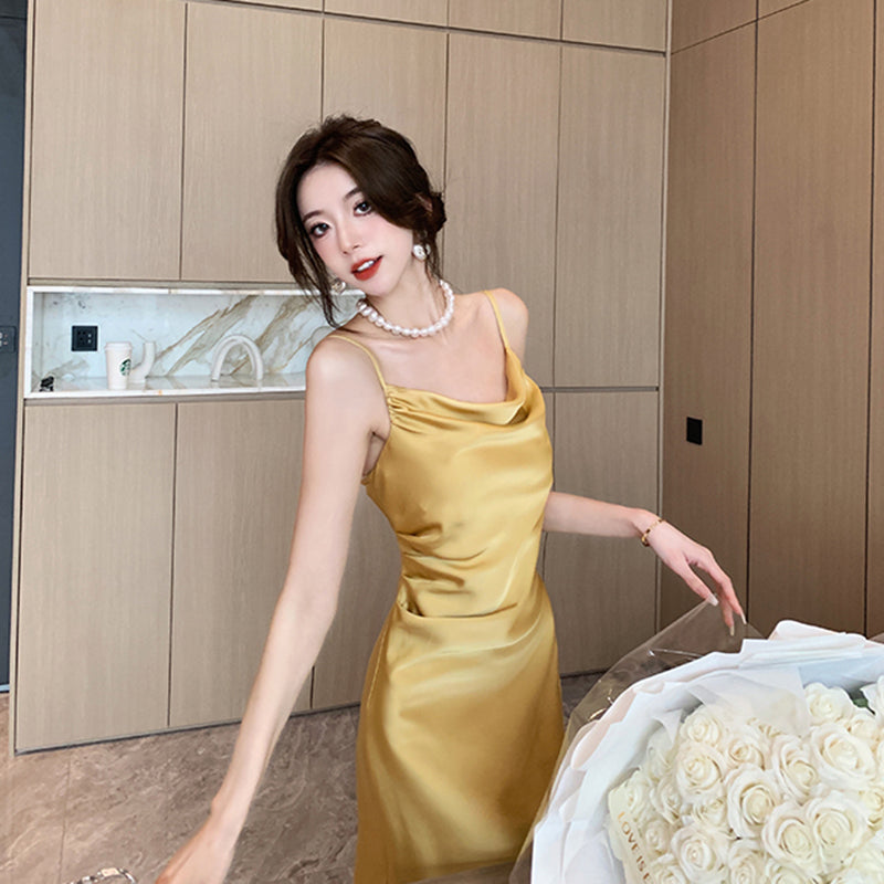 エレガントサテンアシンメトリードレス