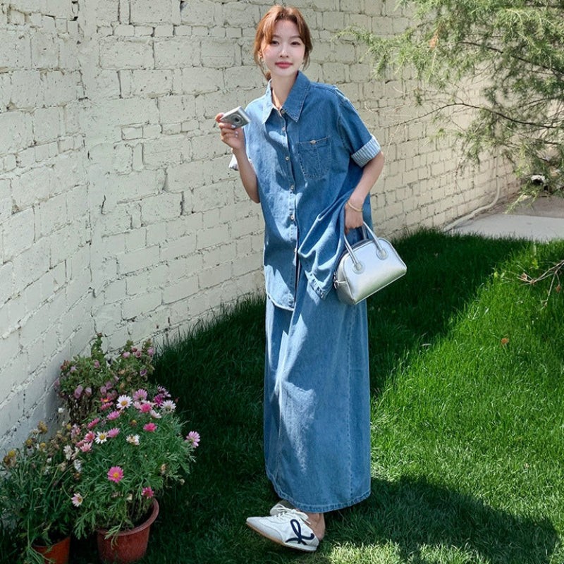 デニムシャツ×スカートセットアップ