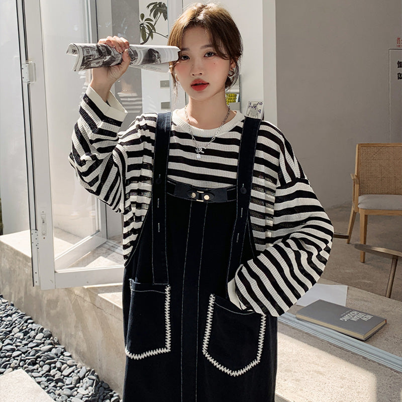 カジュアルボーダートップス×デニムサロペットワンピースセット