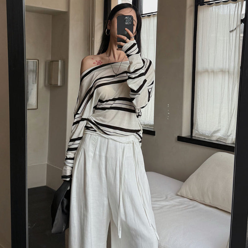 アシメストライプストライプオフショルダートップス(2colors)