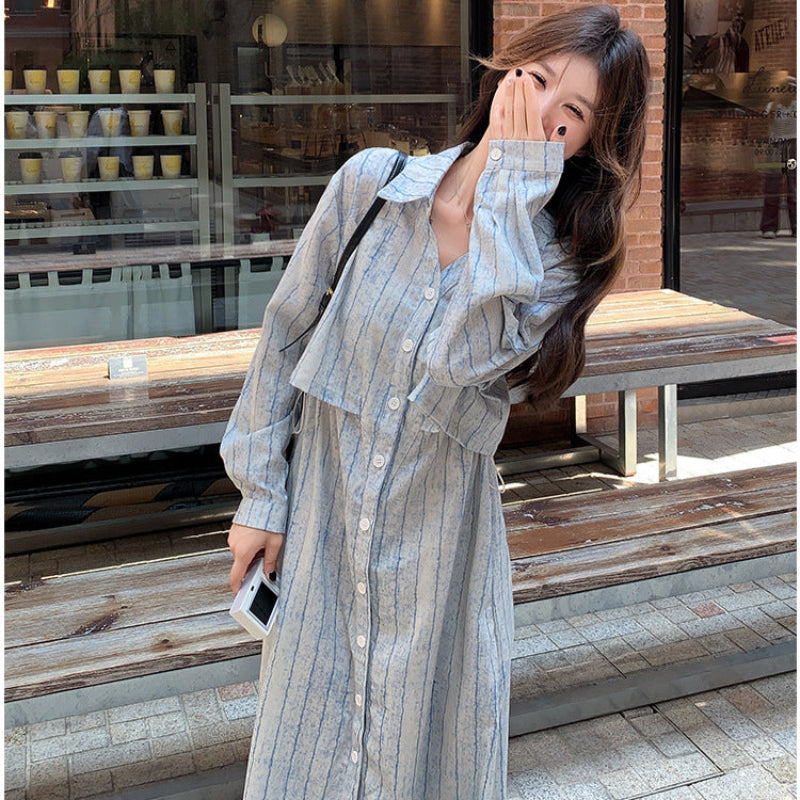 サイドドロストストライプシャツワンピース