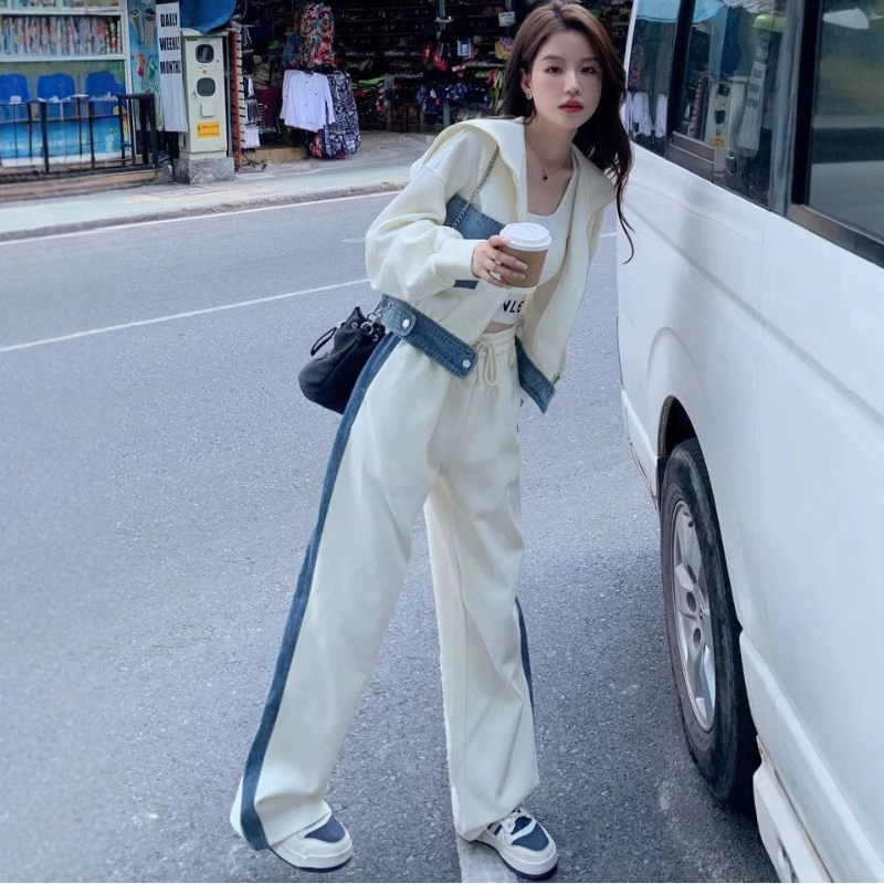 デニムパッチワークスウェットトップス×パンツ(2colors)