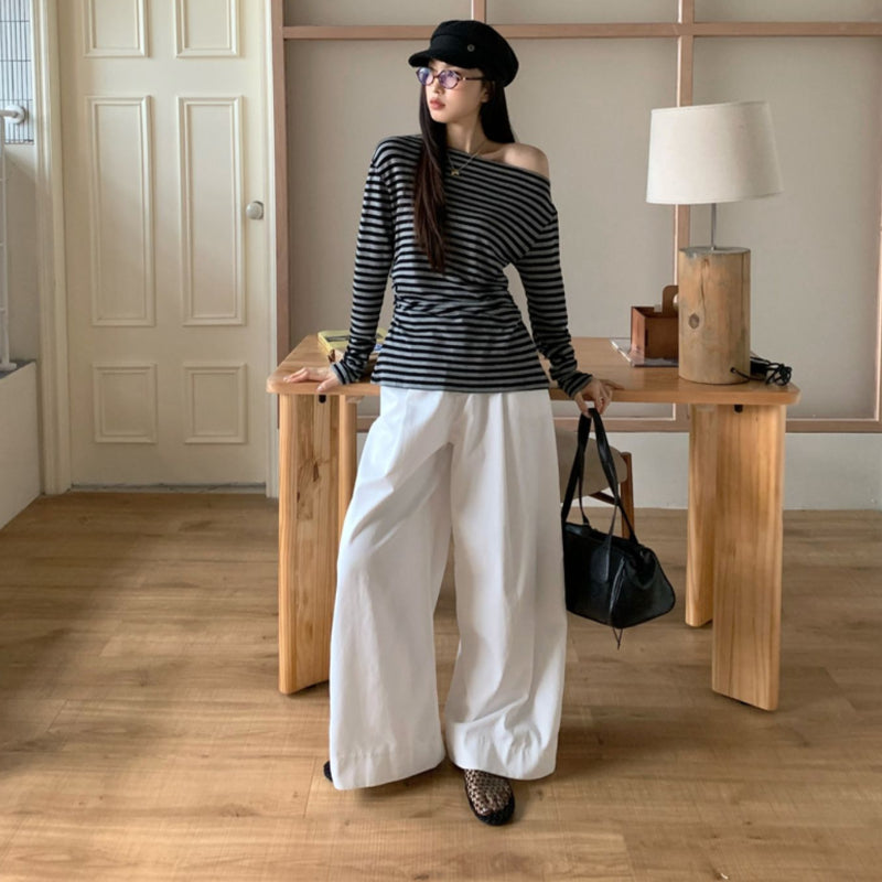 オフショルダーボーダーロングTシャツ