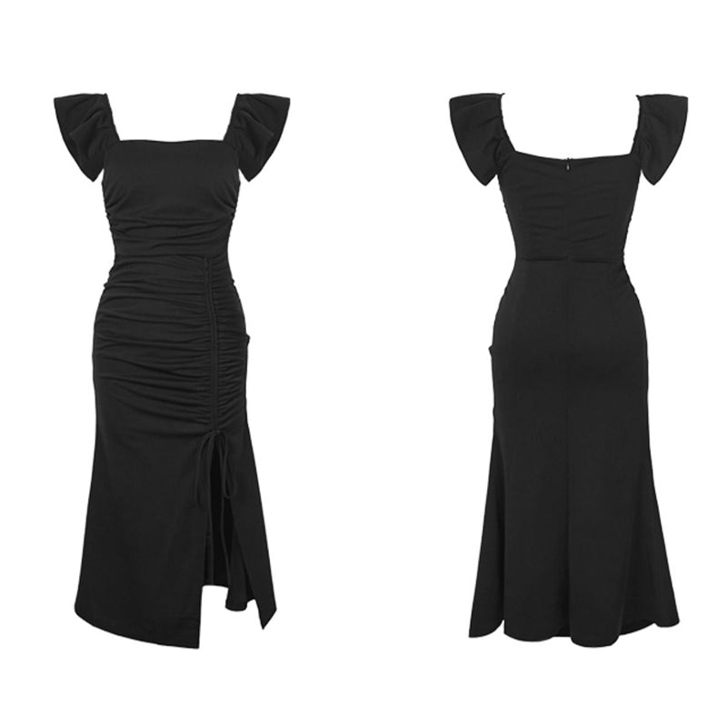 フリル袖サイドギャザースリットワンピース