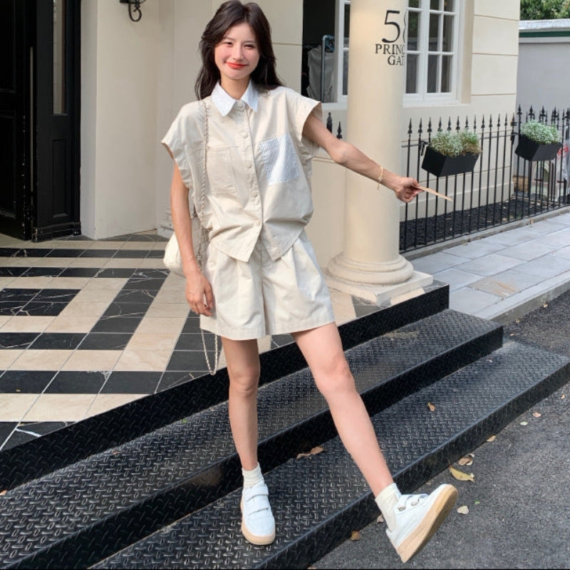 INNERIT セットアップ シャツ＆ショートパンツ（ベージュ） ストライプ切り替えシャツ×ショートパンツセットアップ（ベージュ