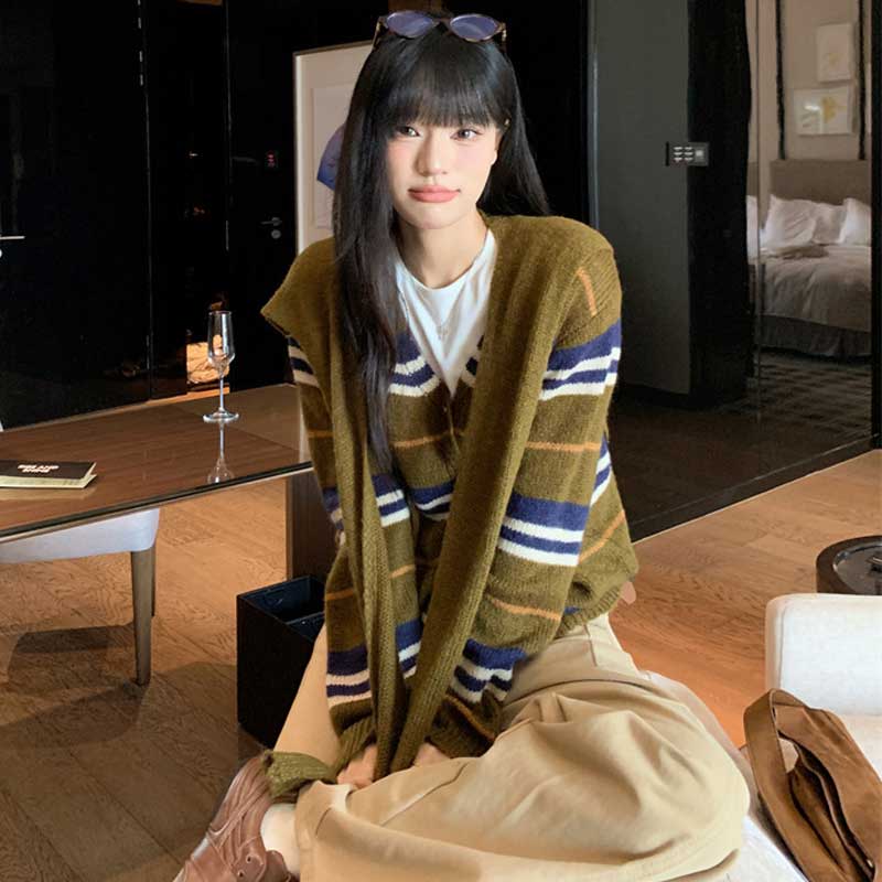 ショール付きボーダーカーディガン