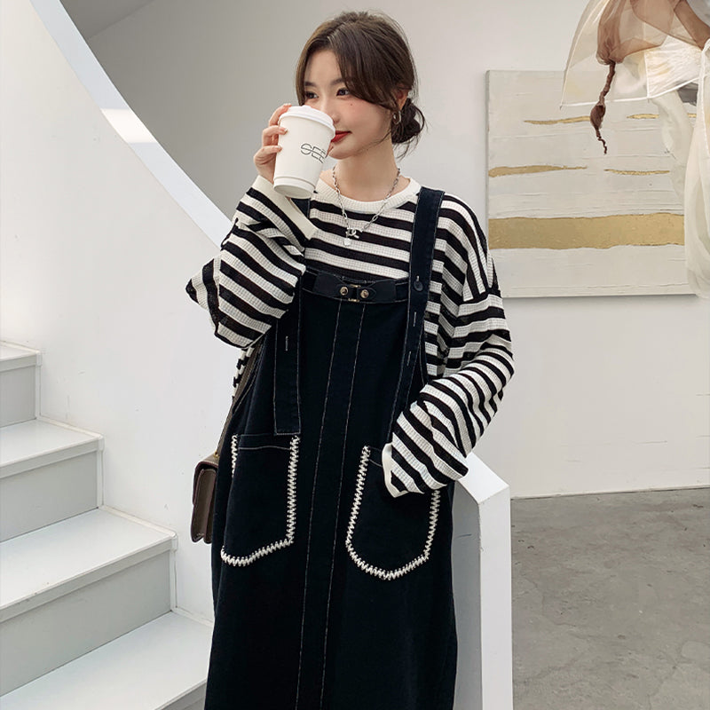 カジュアルボーダートップス×デニムサロペットワンピースセット