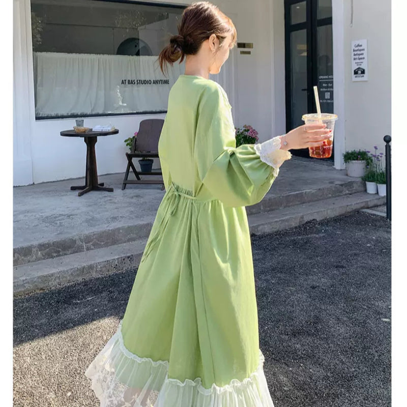 レースステッチロングスリーブワンピース