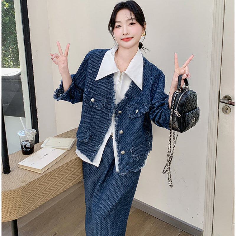 デニムジャケットスカートスーツ×ブラウス3点セット